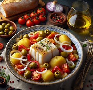 plato de bacalao con tomtates, patatas y aceitunas, pan y copa de vino